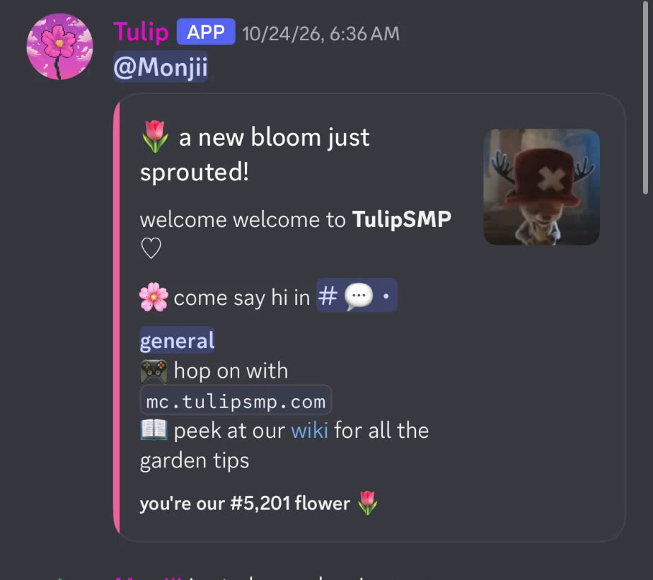 TulipSMP's Discord welcome message for FruitySMP owner Monjii, 10/24/26 6:36 AM