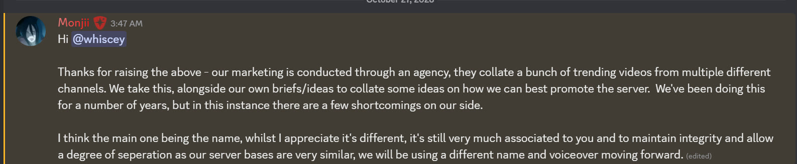 FruitySMP owner Monjii's reply in whiscey's ticket